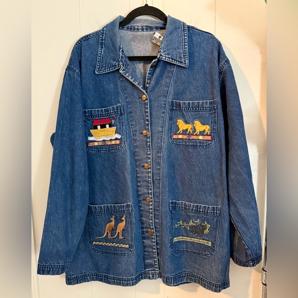 Way To Go Noah's Ark Jean Shirt Jacket Women’s XL Blue Animals Embroidered - Picture 1 of 8
